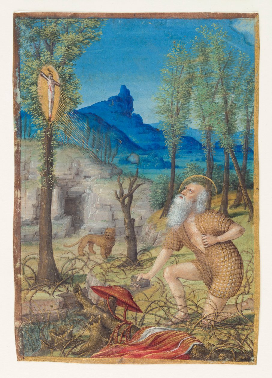 De boetvaardige heilige Hiëronymus in een kluizenarij, verso: tekst van de antifoon voor de heilige Gregorius door Jean Bourdichon