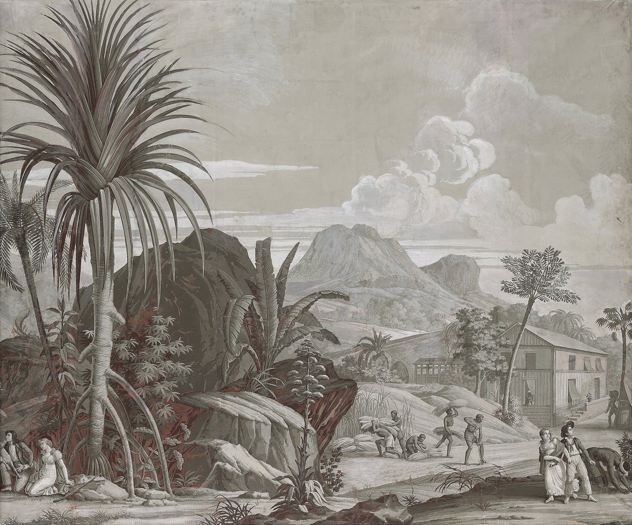 Vertrek voor een wandeling, behangpaneel uit de serie "Paul et Virginie", door Dufour & Cie, ca. 1823 door Jean Broc