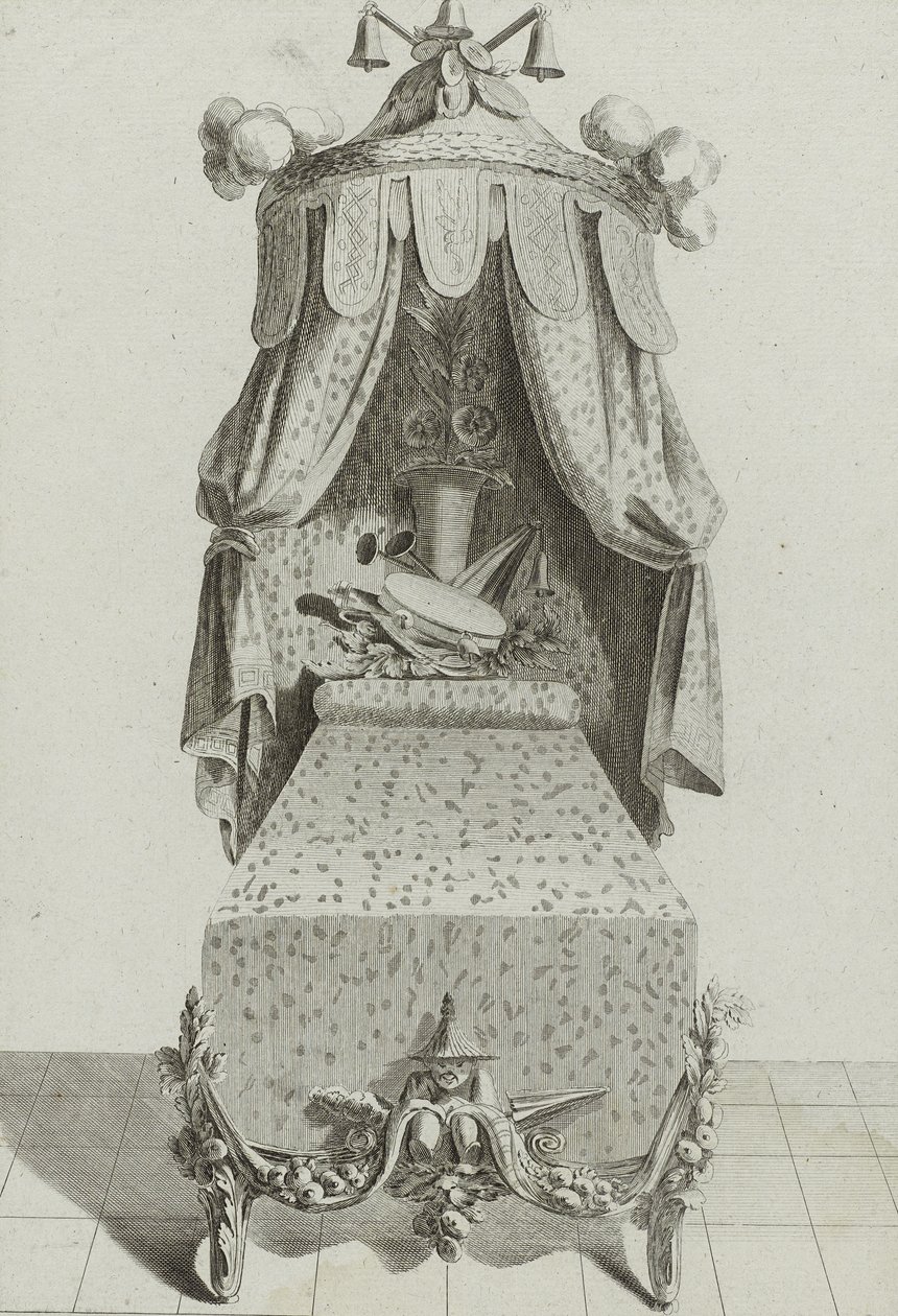Lit à la Chinoise, gepubliceerd midden jaren 1770 (gravure op geschept papier) door Jean Charles (after) Delafosse