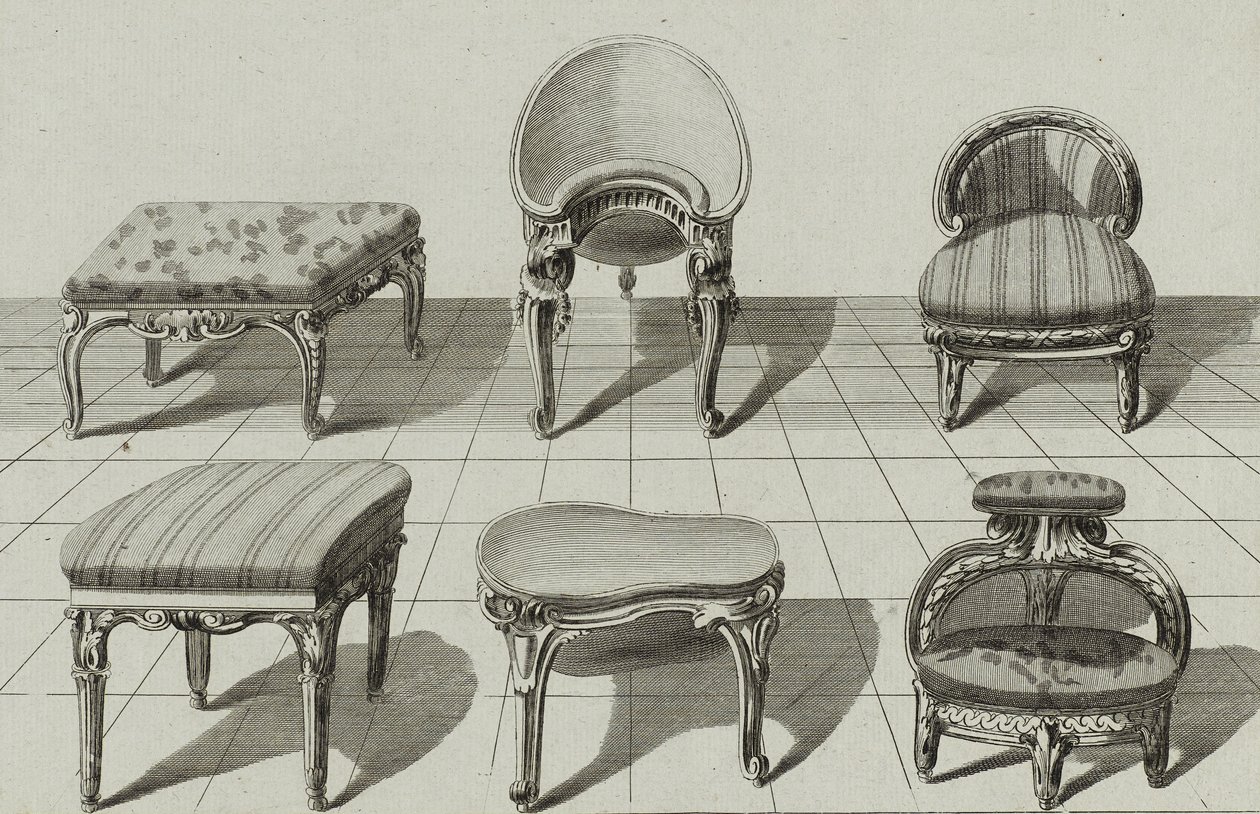 Tabourets, Bidets de Toilette, Marchepied, gepubliceerd midden jaren 1770 (gravure op geschept papier) door Jean Charles (after) Delafosse