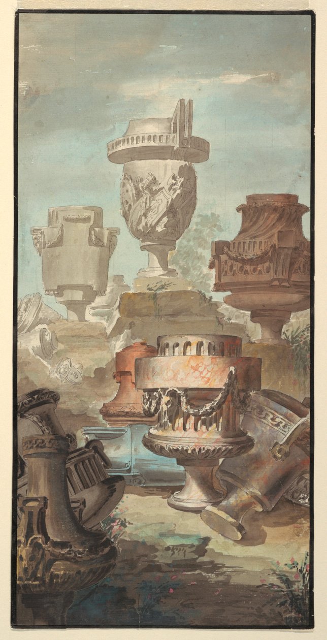 Tekening, Ruïne Fantasie: Vazen en Urnen, 1770 door Jean Charles Delafosse