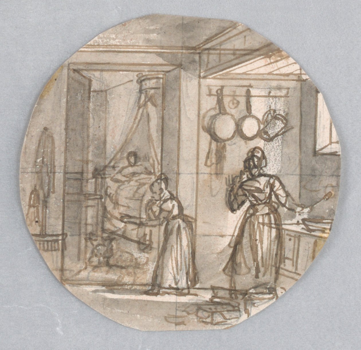 Ontwerp voor een Geschilderd Porseleinen Bord, Keukenscène met Achterkamer, mogelijk voor de Service des Objets de Dessert (Dessertservice) door Jean Charles Develly