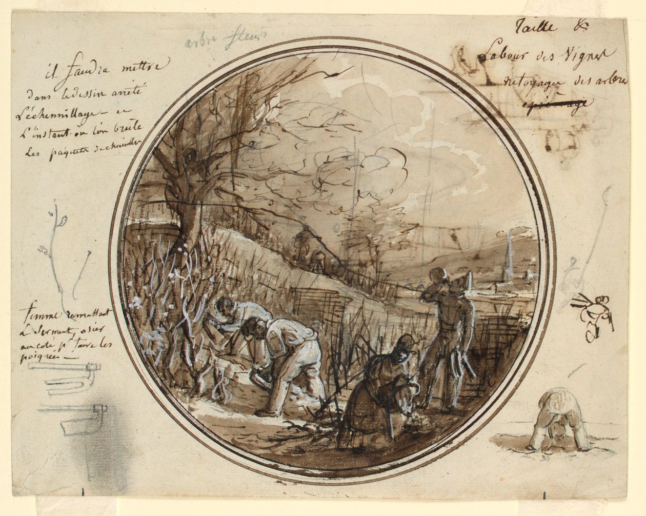 Tekening, Ontwerp voor een beschilderd porseleinen bord, Snijden en werken in de wijngaard, 1819-20 door Jean Charles Develly
