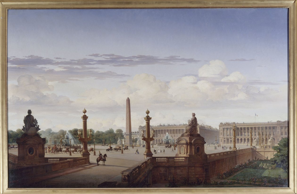 De Place de la Concorde, gezien vanaf het terras aan de waterkant; koning Louis-Philippe steekt het plein over in een koets, in 1846 door Jean Charles Geslin