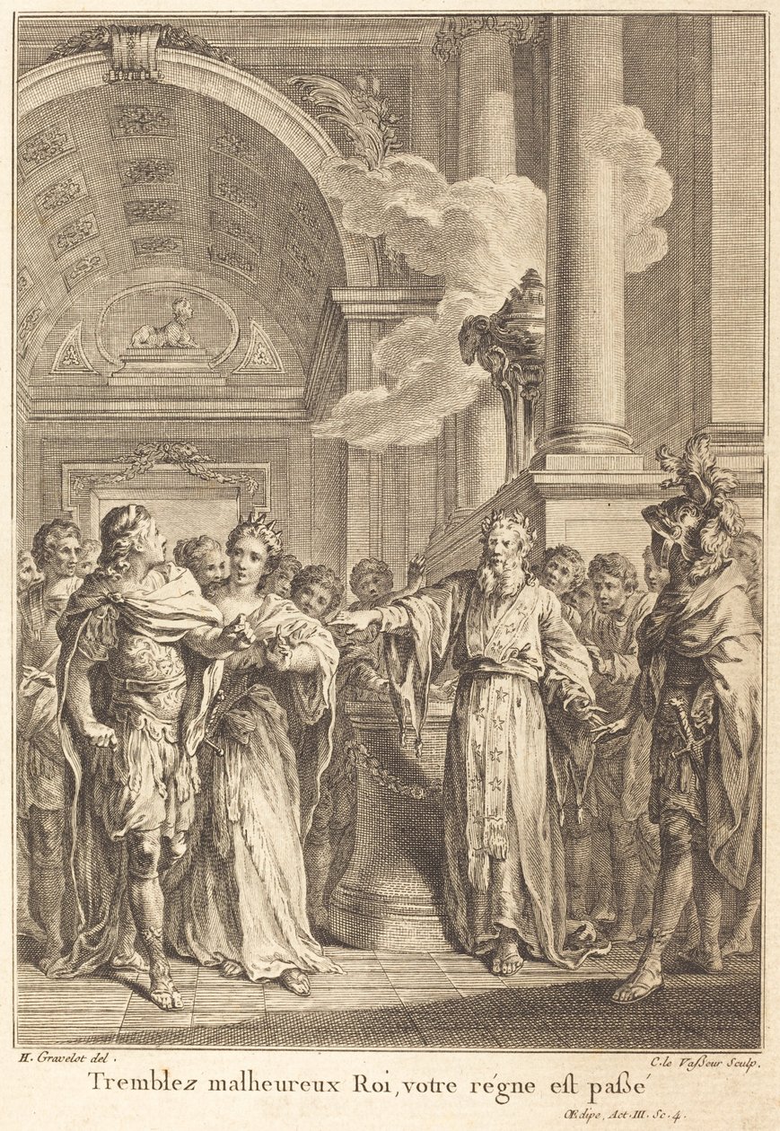 Beef ongelukkige koning, uw heerschappij is voorbij door Jean Charles Levasseur after Hubert François Gravelot