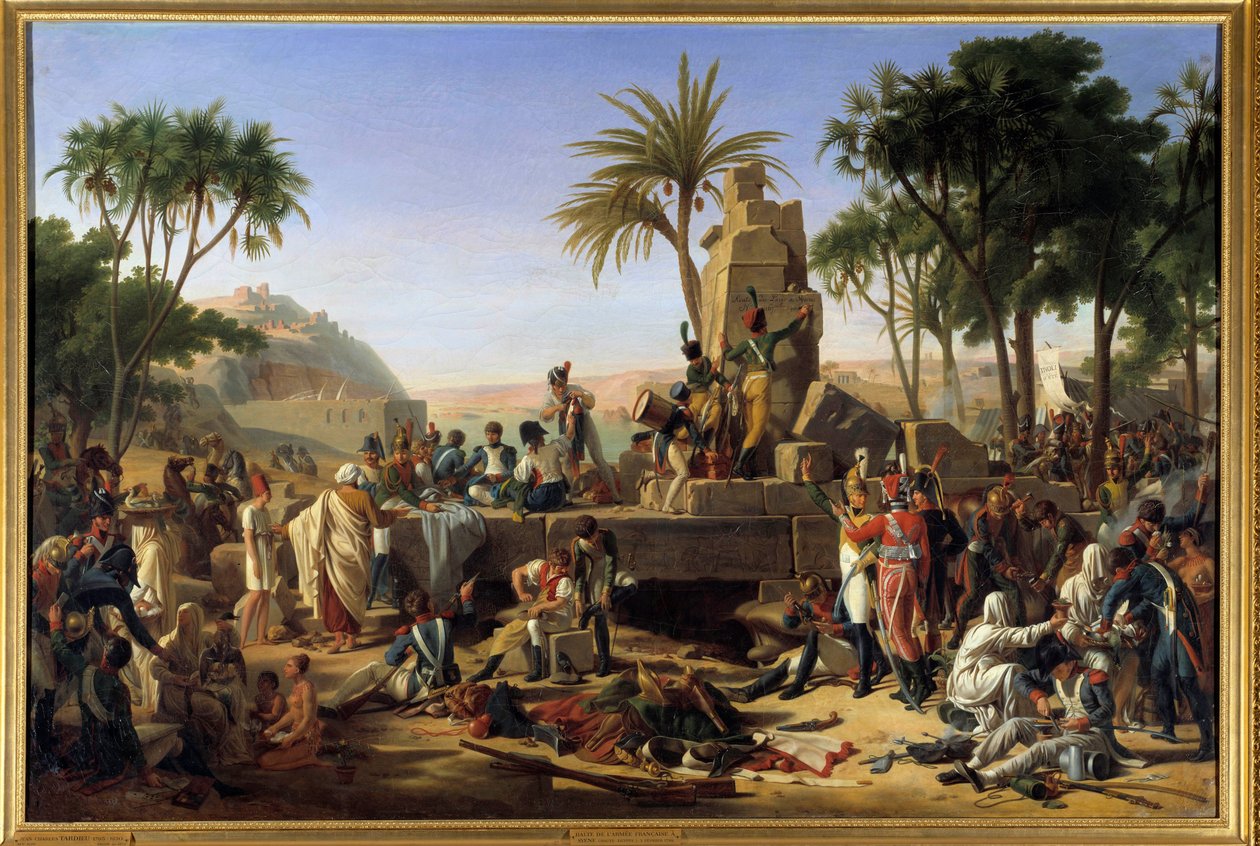 Campagne (Expeditie) van Egypte (1798-1801): "Stop de Franse leger in Syene in Opper-Egypte, 2/02/1799" De soldaten rusten door Jean Charles Tardieu