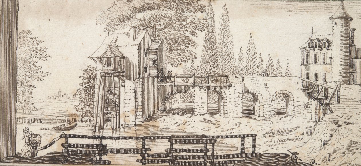 Rustieke Scene met Molen en Vijver door Jean Chaufourier