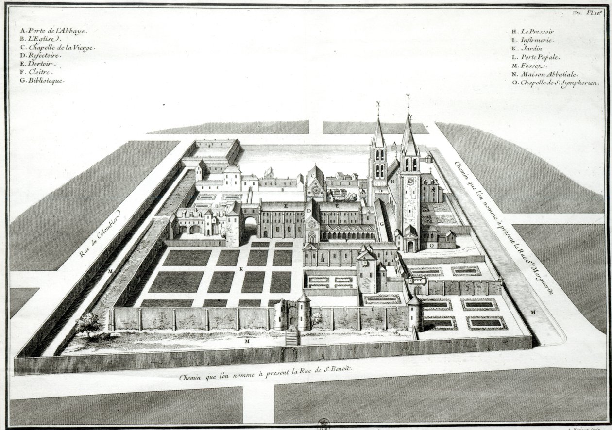 Uitzicht op de abdij van Saint-Germain-des-Pres voor 1640, gegraveerd door Antoine Herisset (1685-1769) door Jean Chaufourier