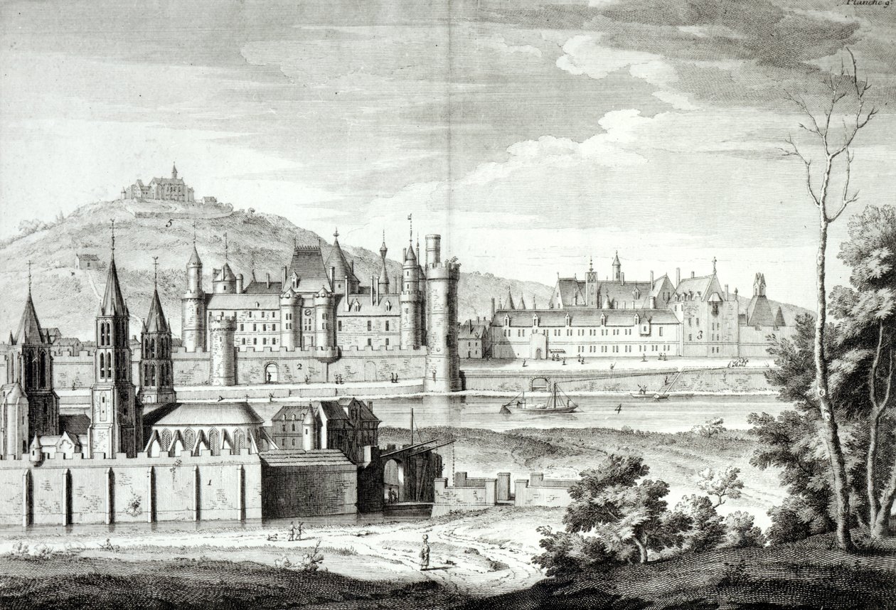 Zicht op de Abdij van Saint-Germain-des-Prés, het Louvre, Petit Bourbon, Montmartre en de Seine in 1410, gegraveerd door Antoine Herisset (1685-1769) door Jean Chaufourier