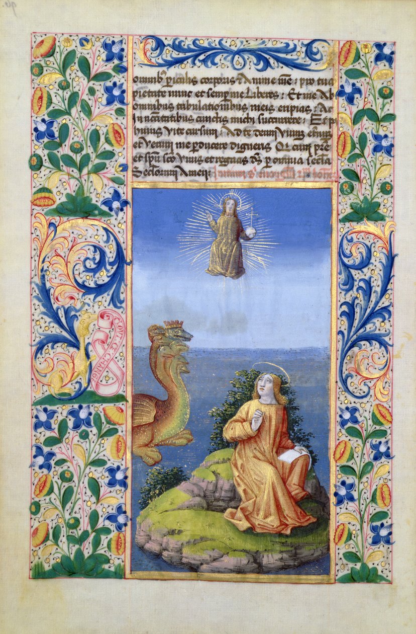 Sint Jan de Evangelist op het eiland Patmos, uit het Getijdenboek van Lodewijk van Orléans, 1469 door Jean Colombe