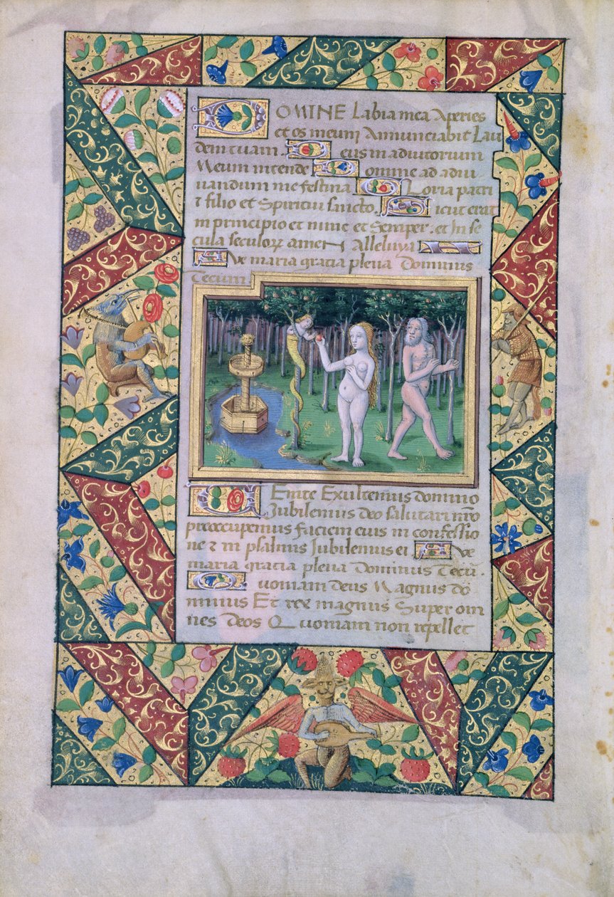 Ms Lat. Q.v.I.126 fol.12v De verleiding in de Hof van Eden, uit het Getijdenboek van Louis d
