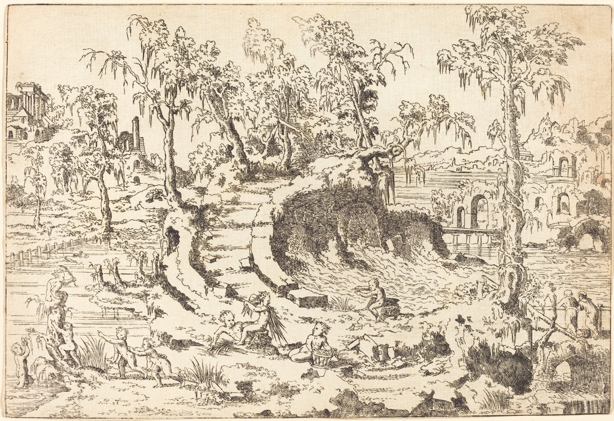 Putti Spelend in een Fantasierijk Landschap door Jean Cousin the Younger
