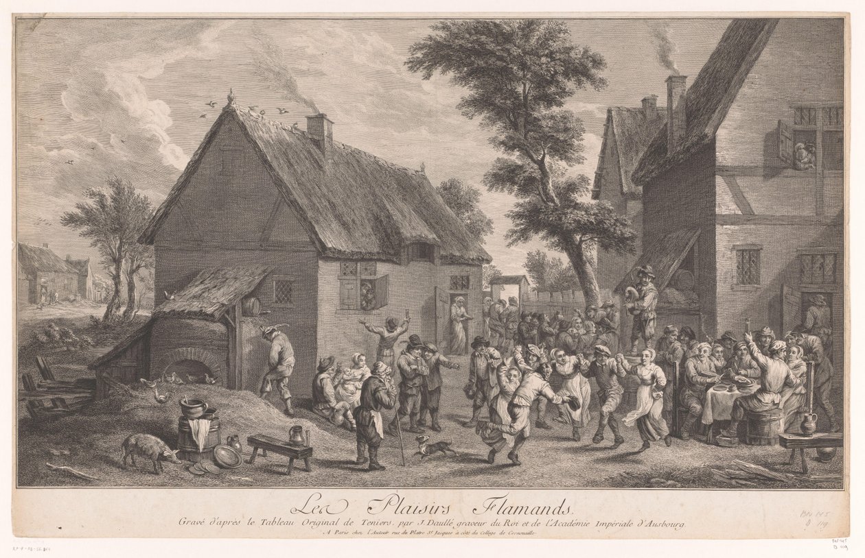Dansende mensen voor een herberg door Jean Daullé