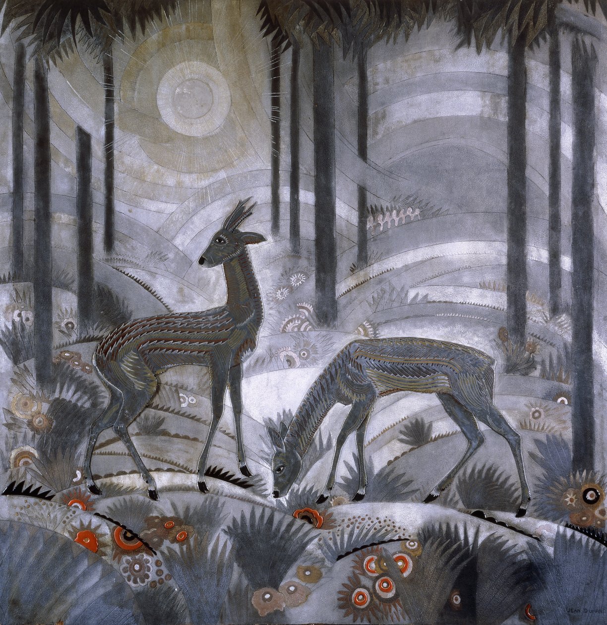 Twee herten in een bos (c.1929) door Jean Dunand