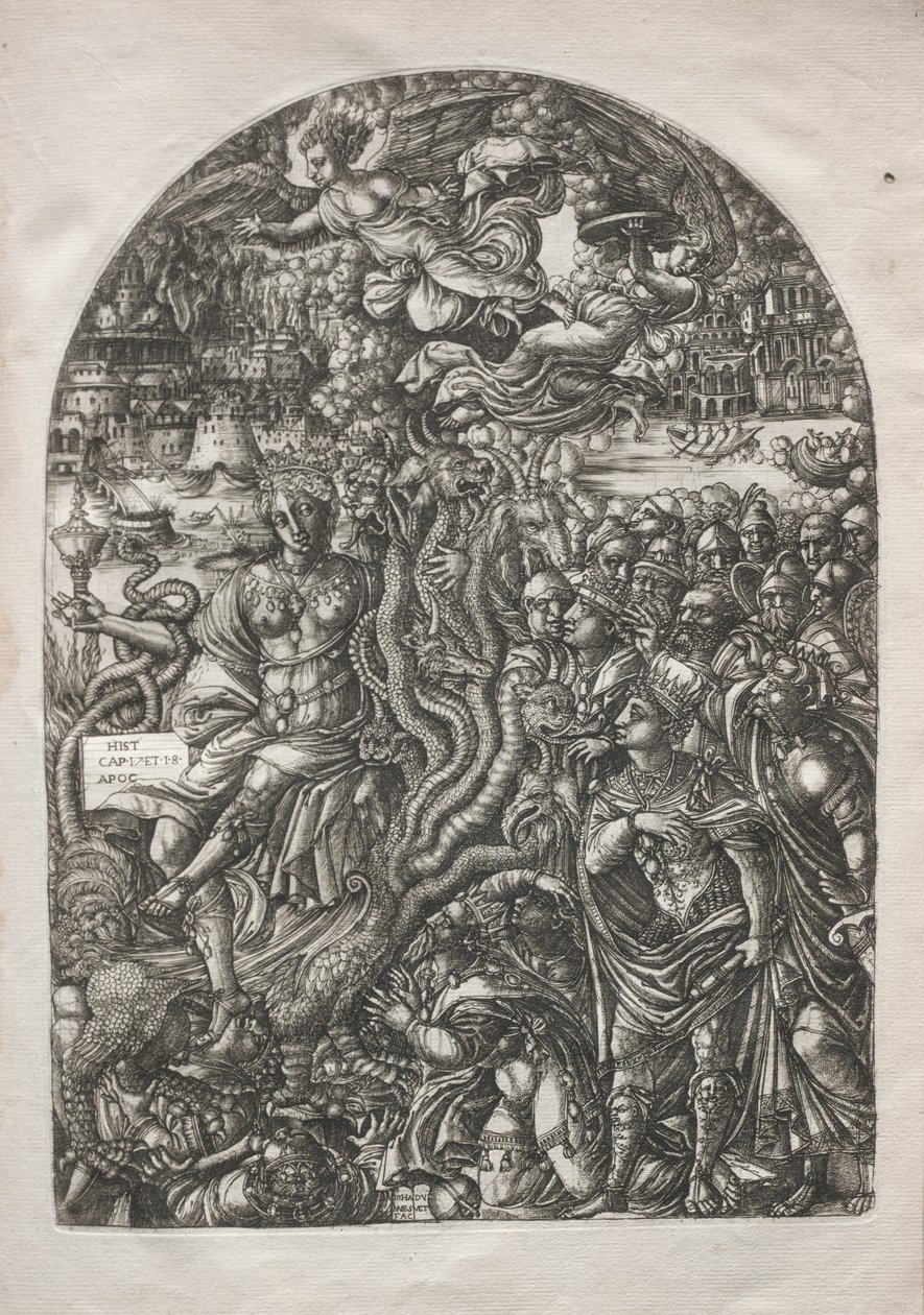 De Apocalyps: Babylon de Hoer, zittend op het zevenkoppige beest, 1546-1556 door Jean Duvet