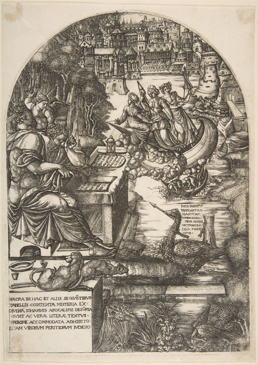 De kunstenaar Jean Duvet in de gedaante van St. Johannes de Evangelist, zittend aan een bureau, ca. 1546-55 door Jean Duvet