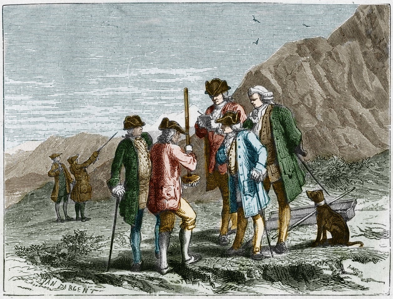 Florin Perier meet de hoogte van de barometer (kwikbuis) van Evangelista Torricelli tijdens het experiment over de zwaartekracht van de lucht van Blaise Pascal, op de top van de Puy de Dome (1648). Gravure door Yan Dargent. door Jean Edouard Dargent
