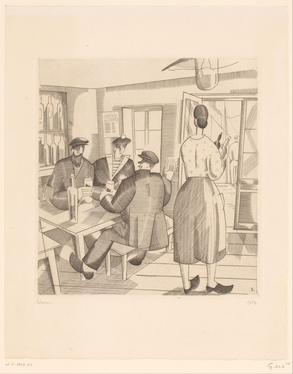 Caféinterieur met klanten en serveerster door Jean Emile Laboureur (signed by artist)