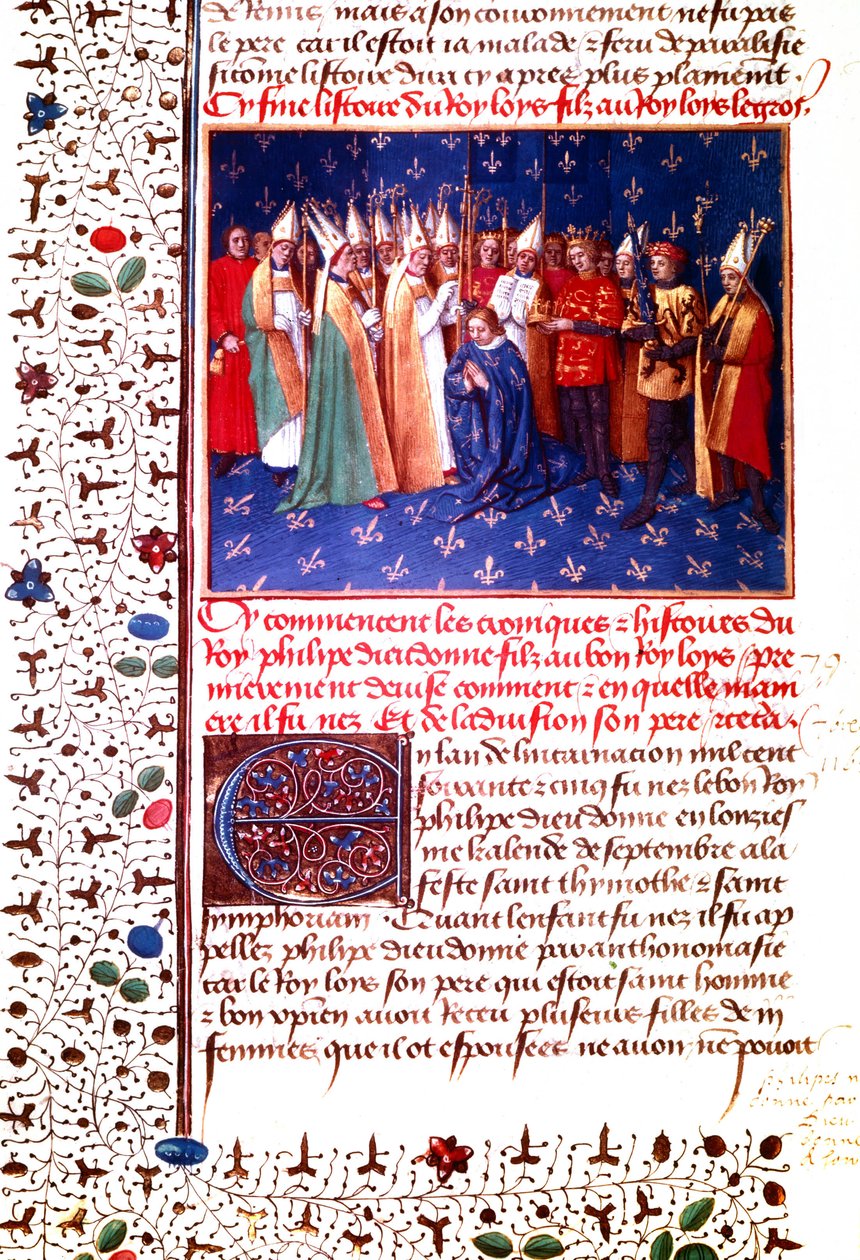 Kroning van de Franse koning Filips II Auguste in 1179, ca.1455-60 (miniatuur) door Jean Fouquet