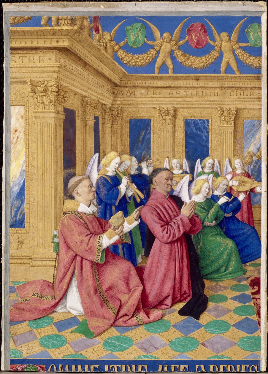 Étienne Chevalier en zijn patroonheilige Saint Étienne, miniatuur uit het getijdenboek van Étienne Chevalier door Jean Fouquet