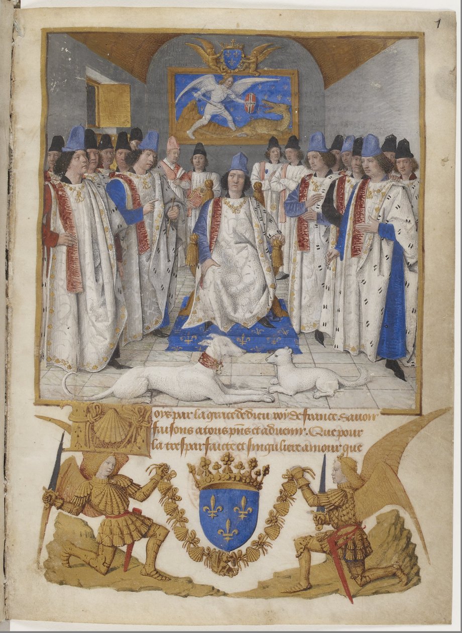 Frontispice van de Statuten van de Orde van Sint-Michaël, een exemplaar bestemd voor Lodewijk XI. door Jean Fouquet
