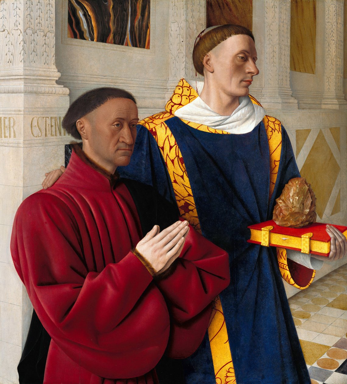Duits: Étienne Chevalier mit dem Hl. Stephanus Etienne Chevalier met St. Stephen door Jean Fouquet