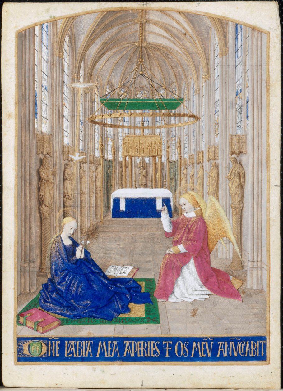 De Annunciatie, miniatuur uit het getijdenboek van Étienne Chevalier. Officie van de Heilige Geest, Matins door Jean Fouquet