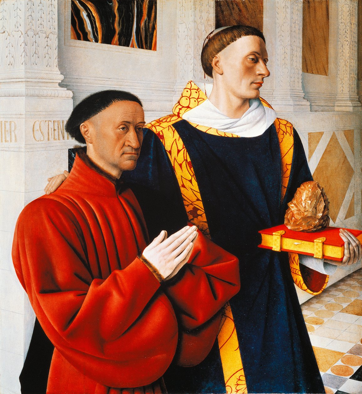 Linker paneel van het Melun-diptiek: Etienne Chevalier met zijn beschermheilige St. Stefanus door Jean Fouquet