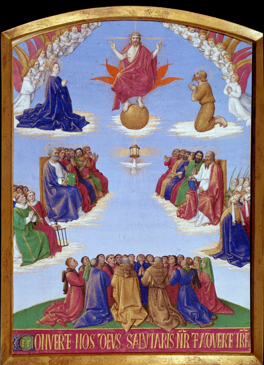 Pinksteren: de nederdaling van de Heilige Geest. Miniatuur uit Het Getijdenboek van Etienne Chevalier door Jean Fouquet (1420-1477/1481) door Jean Fouquet
