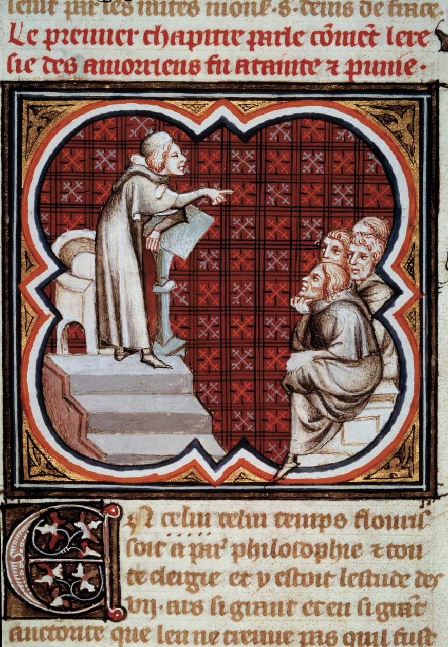 De Franse filosoof en theoloog Amaury de Chartres (of Amaury de Bene of Amalricus de Bene) (overleden 1209) voor zijn discipelen (de Amauricians) door Jean Fouquet