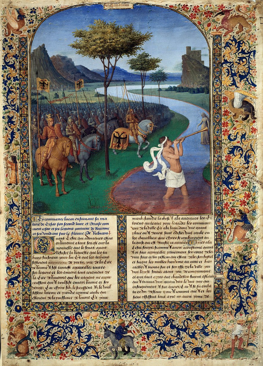De oversteek van de Rubicon door Julius Caesar. De Romeinse generaal Julius Caesar stak de Rubicon over op 11/01/49 v.Chr., wat de scheiding vormt tussen Cisalpijns Gallië en Italië. Miniatuur uit 