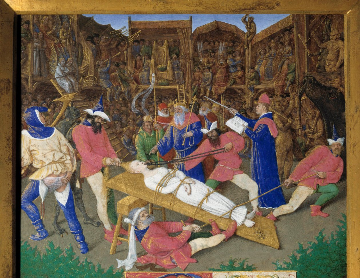 De geloften van de heiligen. Martelaarschap van Sint Apolline. De christelijke heilige Apolline van Alexandrië wordt gemarteld door de heidenen in 249 na Christus. De beulen trekken aan haar haar en breken haar tanden. Keizer Decius is een toeschouwer. Det door Jean Fouquet