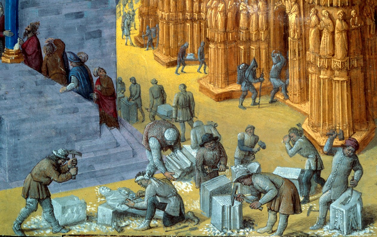 De bouw van de tempel van Jeruzalem door koning Salomo Detail dat de steenbewerkers voorstelt. Miniatuur uit het manuscript 