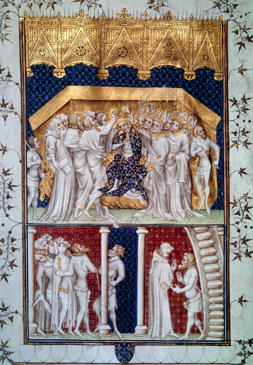 De kroning van Karel VI (1368-1422) door de peers van Frankrijk op 16/09/1380. Miniatuur uit Grandes Chronicles de France door Jean Fouquet (1420-1481) 15e eeuw Parijs, B.N. door Jean Fouquet