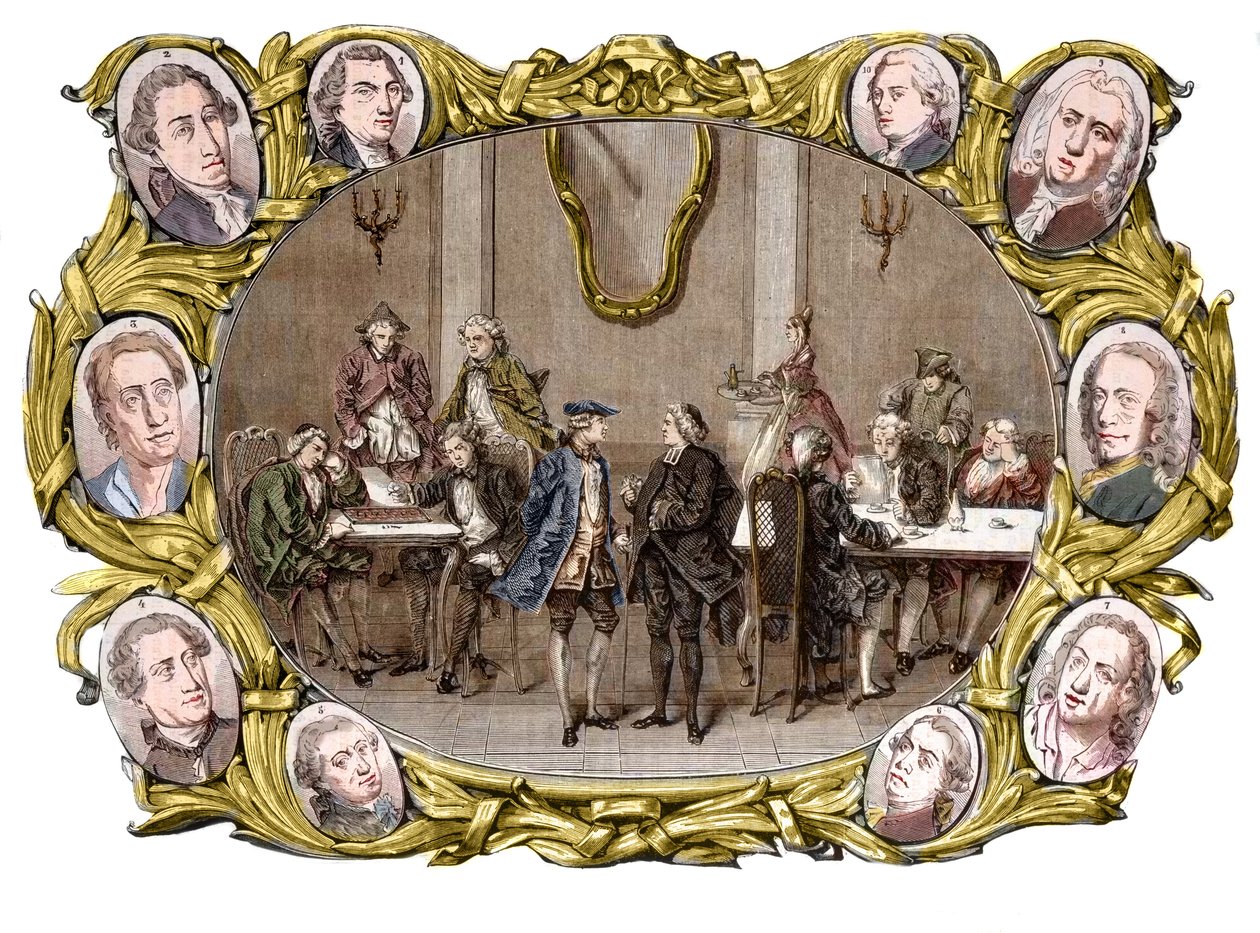 Parijs - Het café Procope in de 18e eeuw, van rechts naar links in de medaillons: Georges Louis Leclerc, Comte de Buffon, Nicolas Joseph Florent Gilbert, Denis Diderot, Jean le Rond d