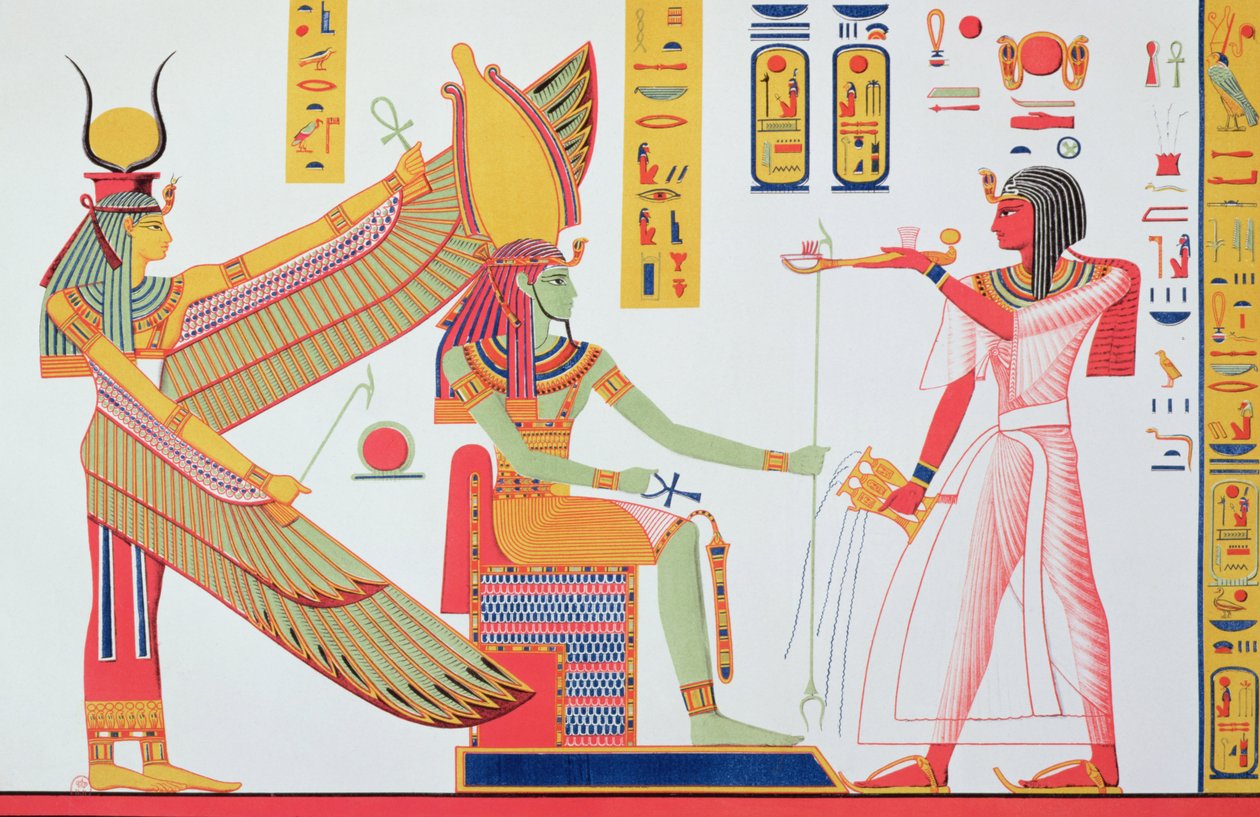 Ramesses IV (1153-1147 v.Chr.) offert wierook aan Isis en Amon-Re, zittend op een troon, kopie van een muurschildering uit zijn graf in de Vallei der Koningen, plaat 260 uit Monuments dEgypte door Jean-Francois door Jean Francois Champollion