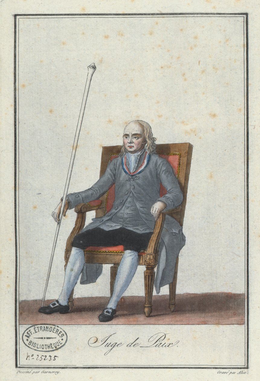 Vrederechter, gegraveerd door Alix, uit een boek over Franse Directoire-kostuums door Jean Francois Garneray