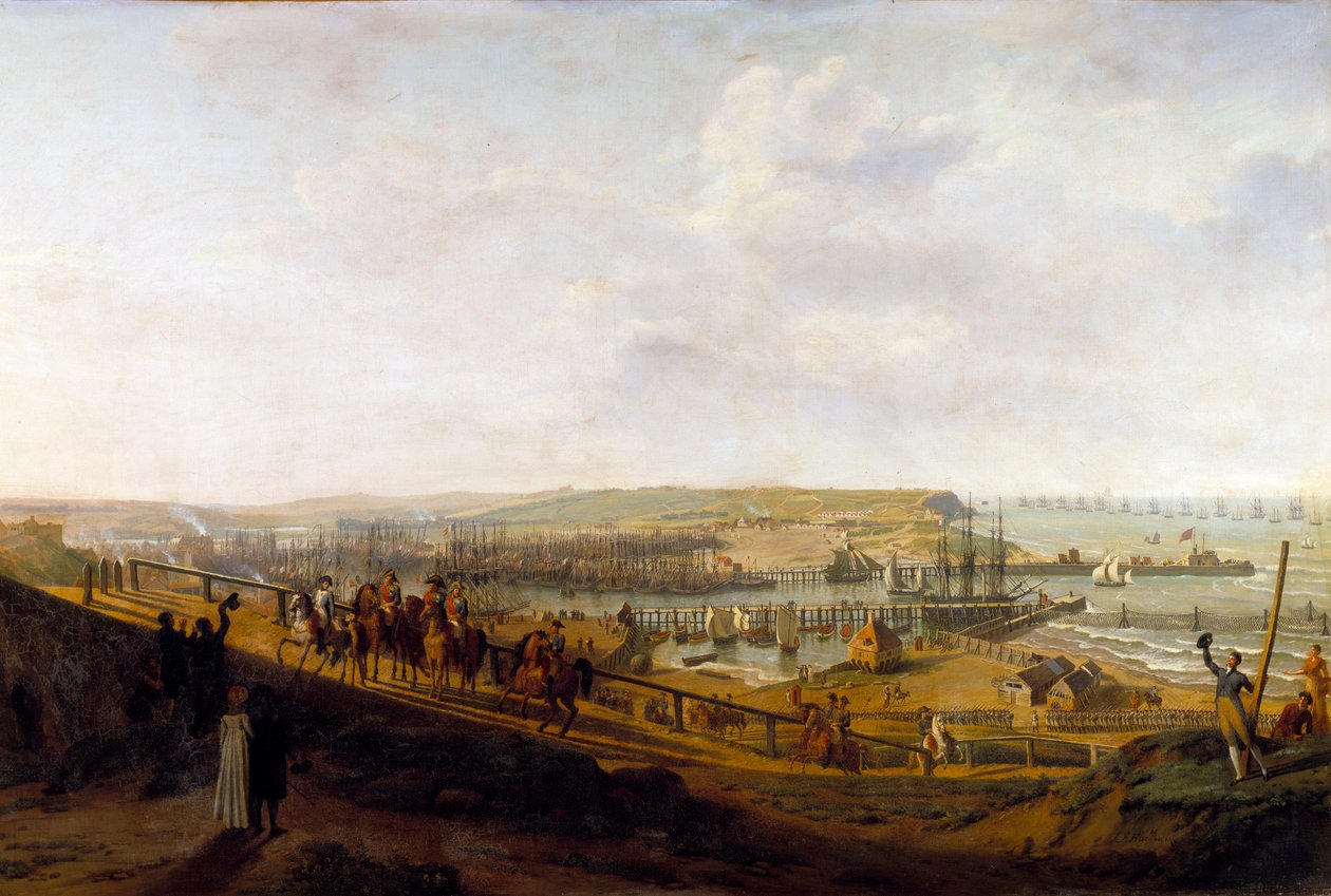 Keizer Napoleon I bezoekt het kamp van Boulogne in juli 1804 door Jean-Francois Hue