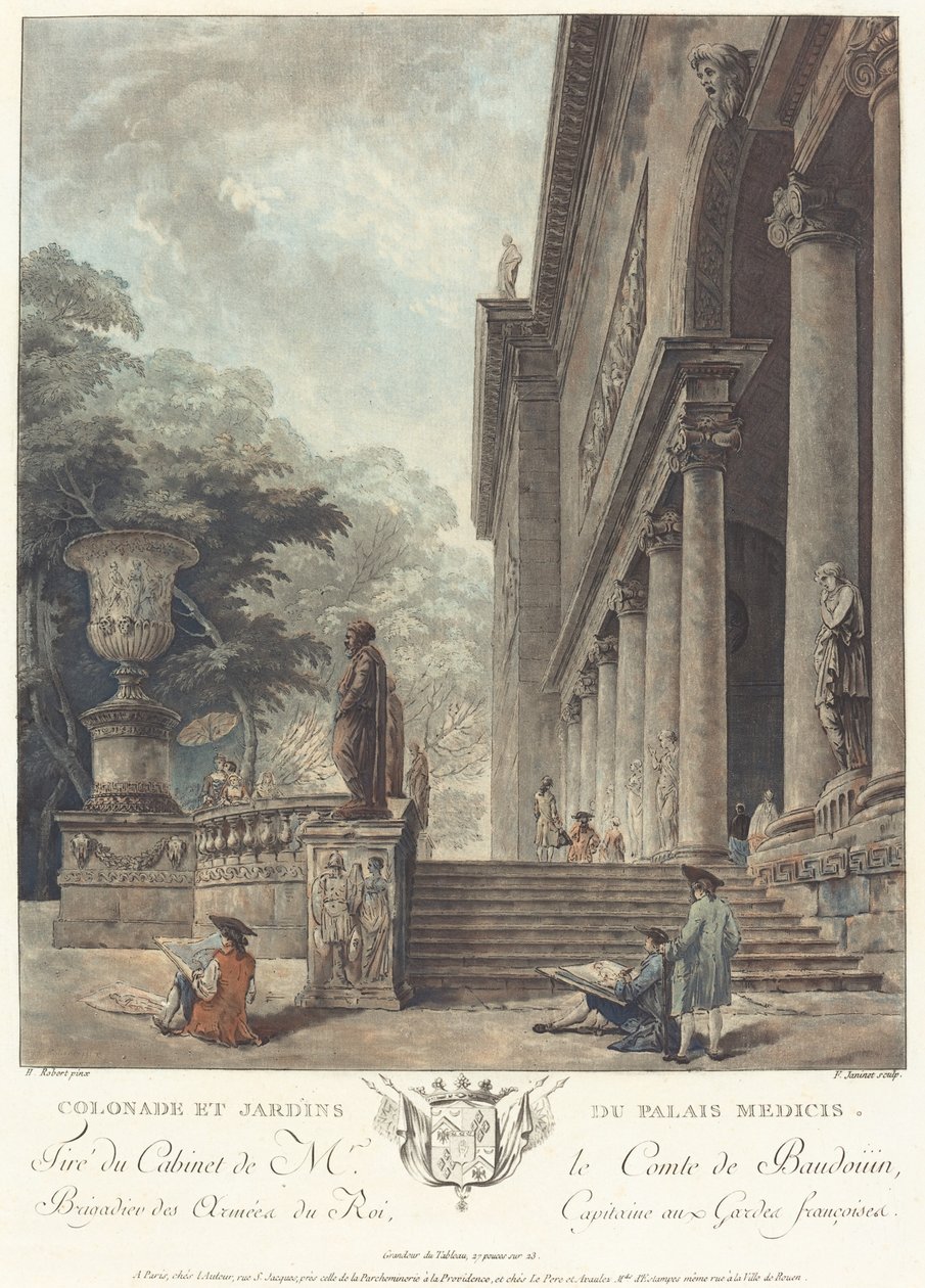 Colonade en tuinen van het Medici-paleis, ca. 1776 door Jean Francois Janinet