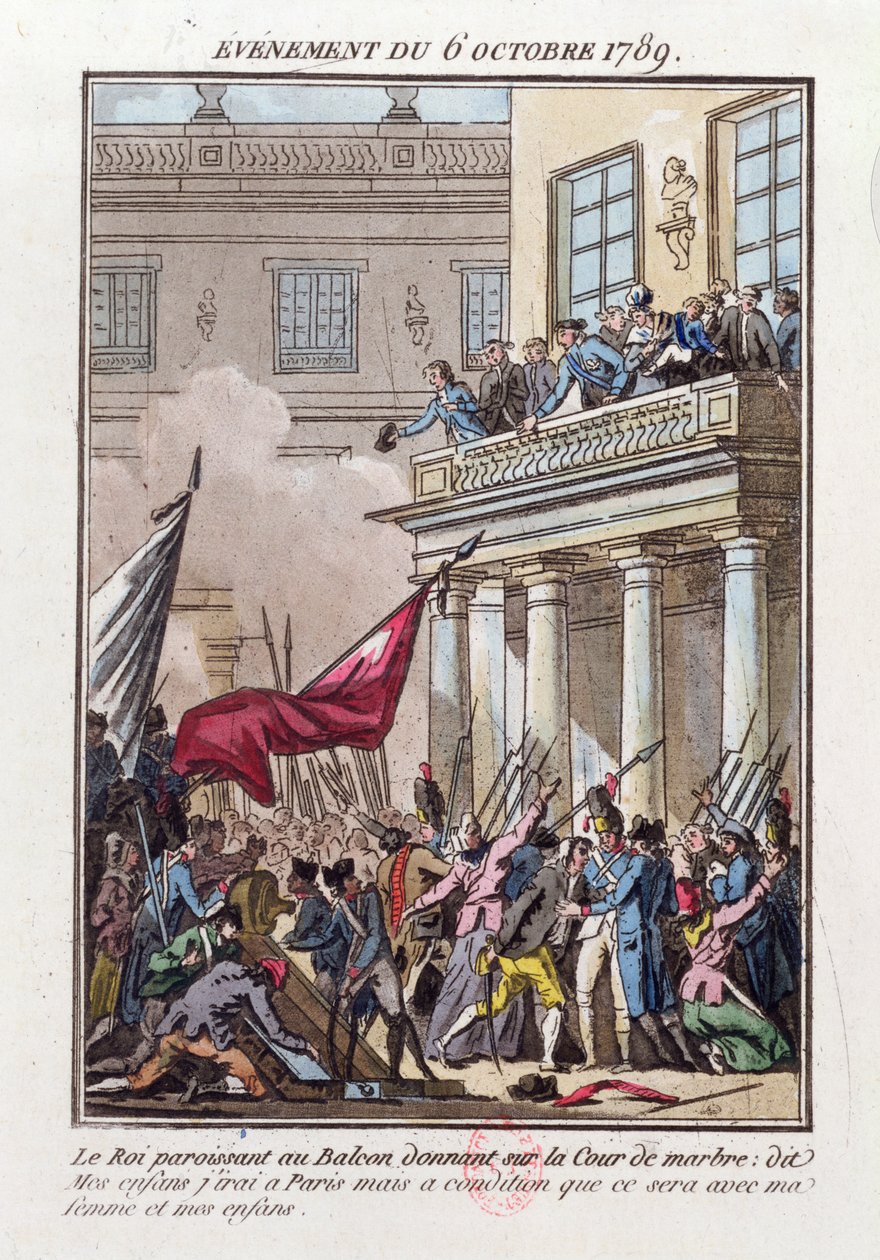 Lodewijk XVI verschijnt op het balkon in Versailles op 6 oktober 1789 om de Parijse menigte te vertellen dat hij naar Parijs zal gaan op voorwaarde dat zijn vrouw en familie met hem reizen door Jean Francois Janinet