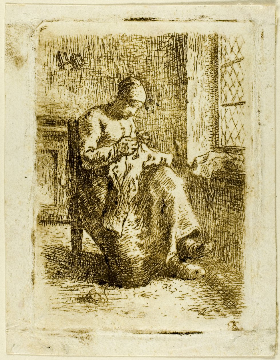 Een Vrouw aan het Naaien door Jean-Francois Millet