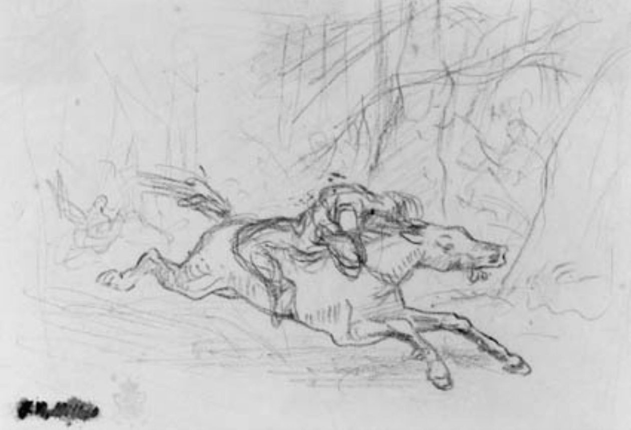 Achterwaarts zittende man op een wilde paard in een bos. Simon Butler door Jean-Francois Millet