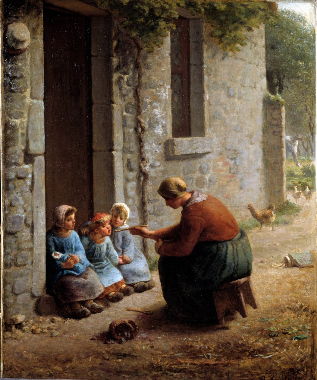 La becquee of boerin die haar kinderen voedt. Schilderij door Jean Francois Millet (1814-1875) door Jean Francois Millet