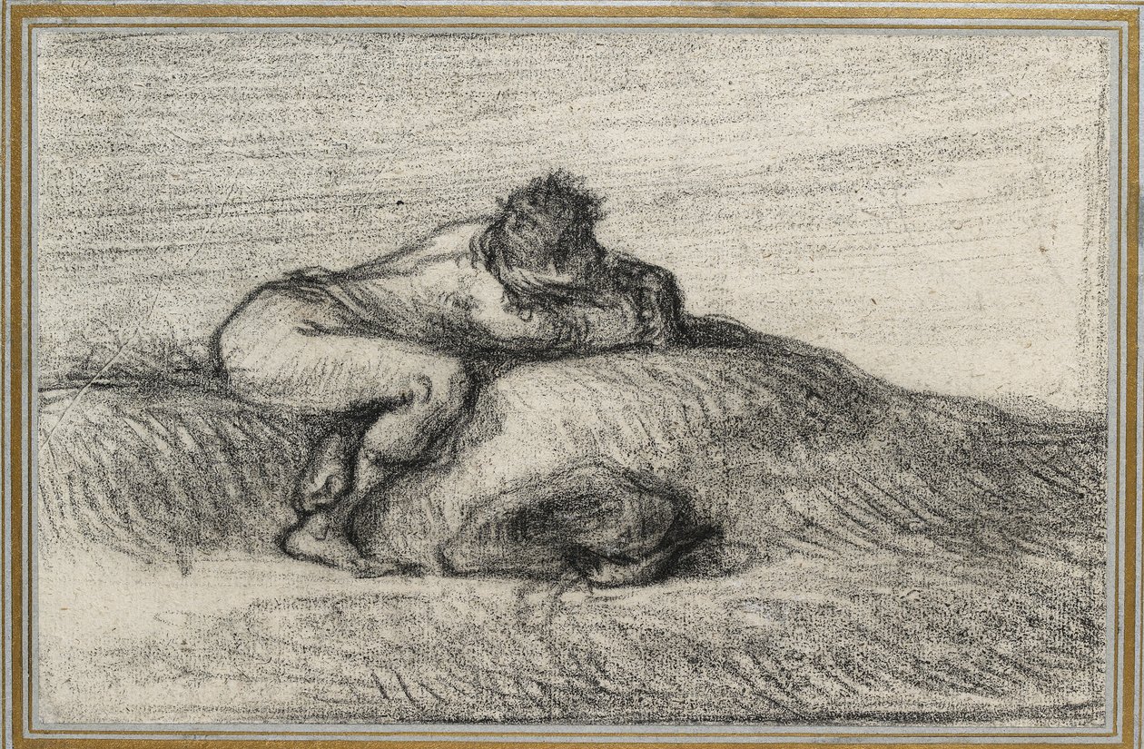 Man gehurkt op een heuveltje, 1848 - 1850 door Jean Francois Millet