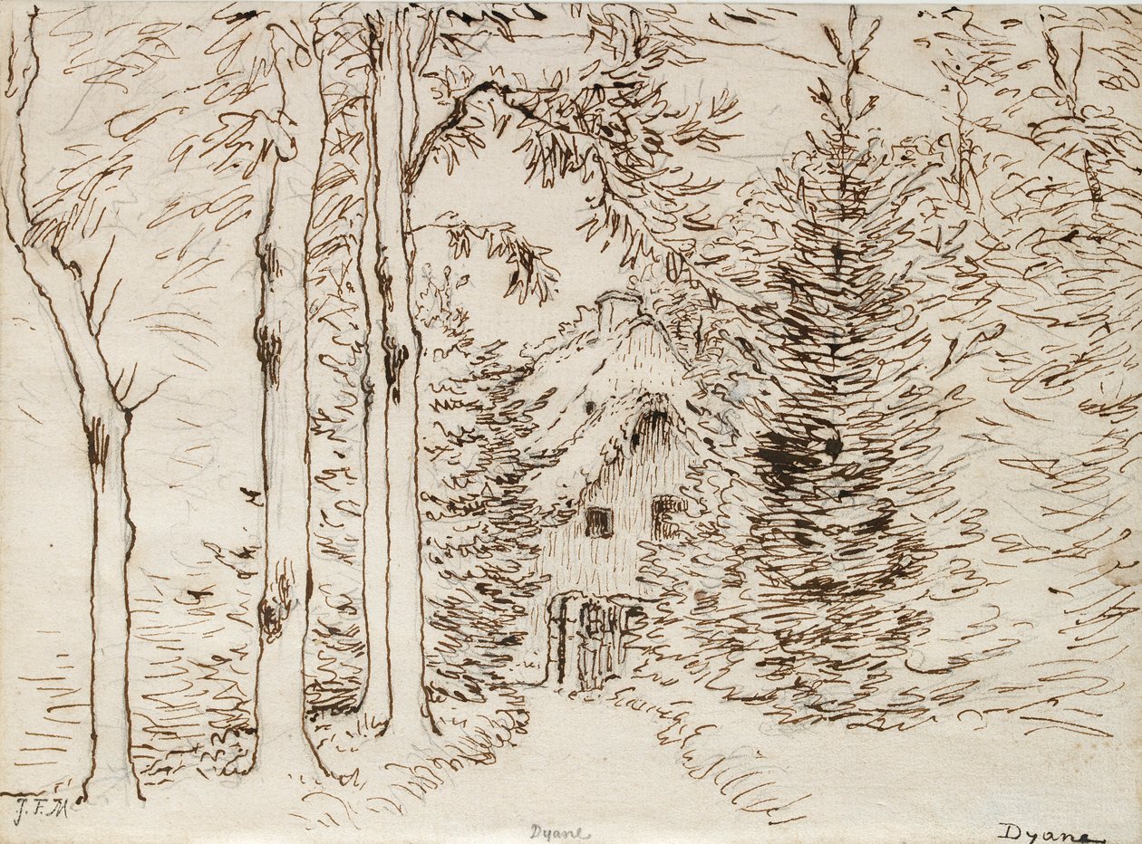 Pad door het bos naar een huis met rieten dak door Jean Francois Millet
