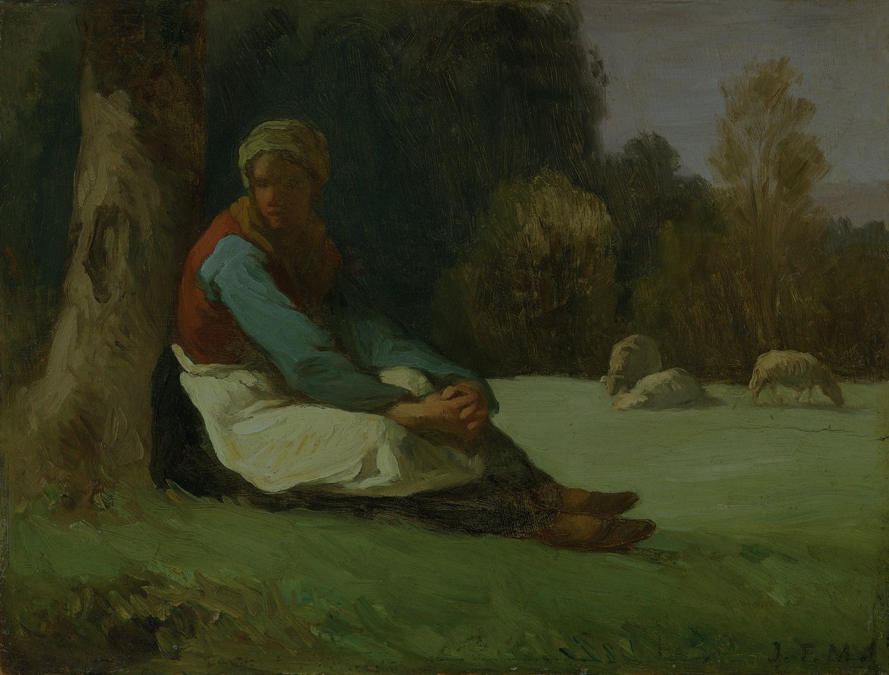 Zittende herderin, ca. 1850s door Jean Francois Millet