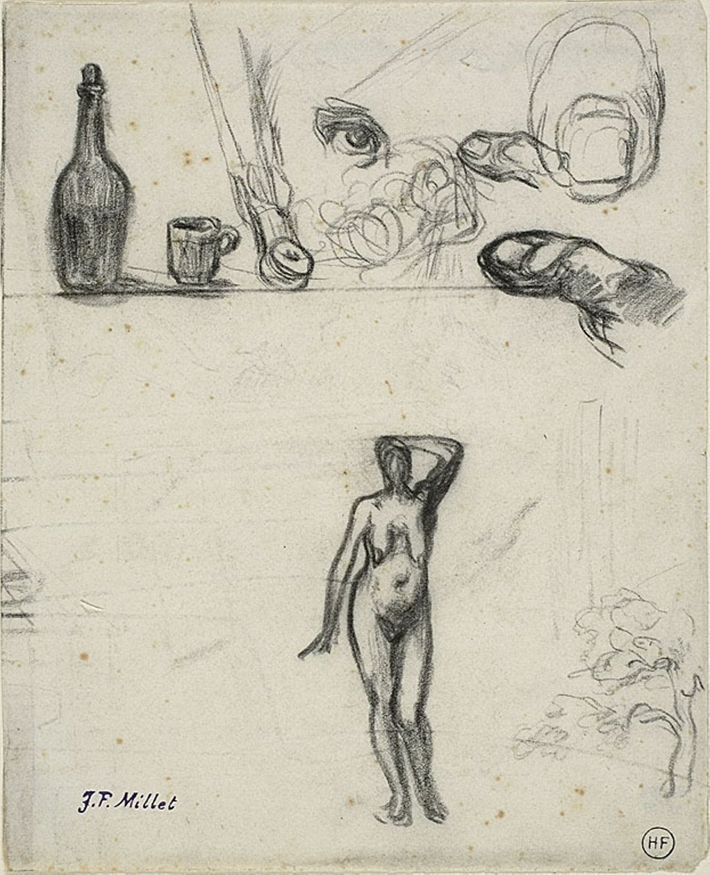Blad met Schetsen: Staande Vrouwelijke Naakt, Boom, Stilleven, Vingers en Oog door Jean Francois Millet