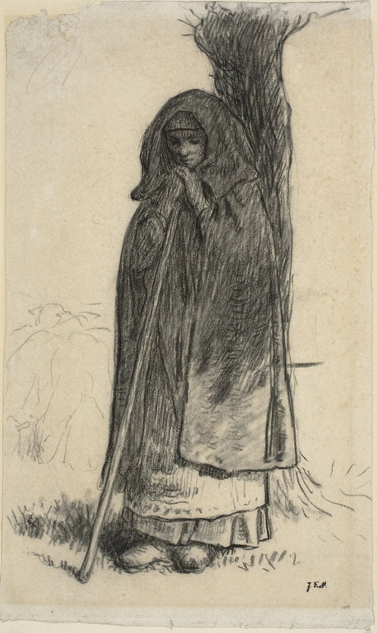 Herderin leunend tegen een boom door Jean Francois Millet