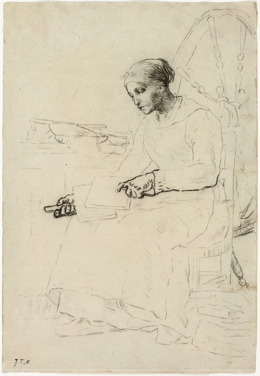 De wolkammer (recto); Fragmentarische schets van man staand bij hek (verso) door Jean Francois Millet