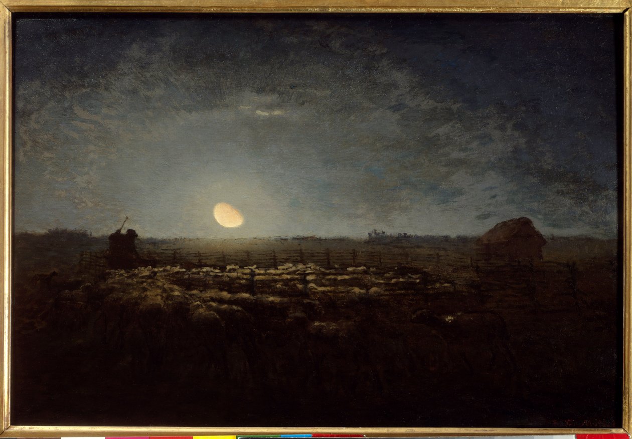Het schapenpark, maanlicht door Jean Francois Millet